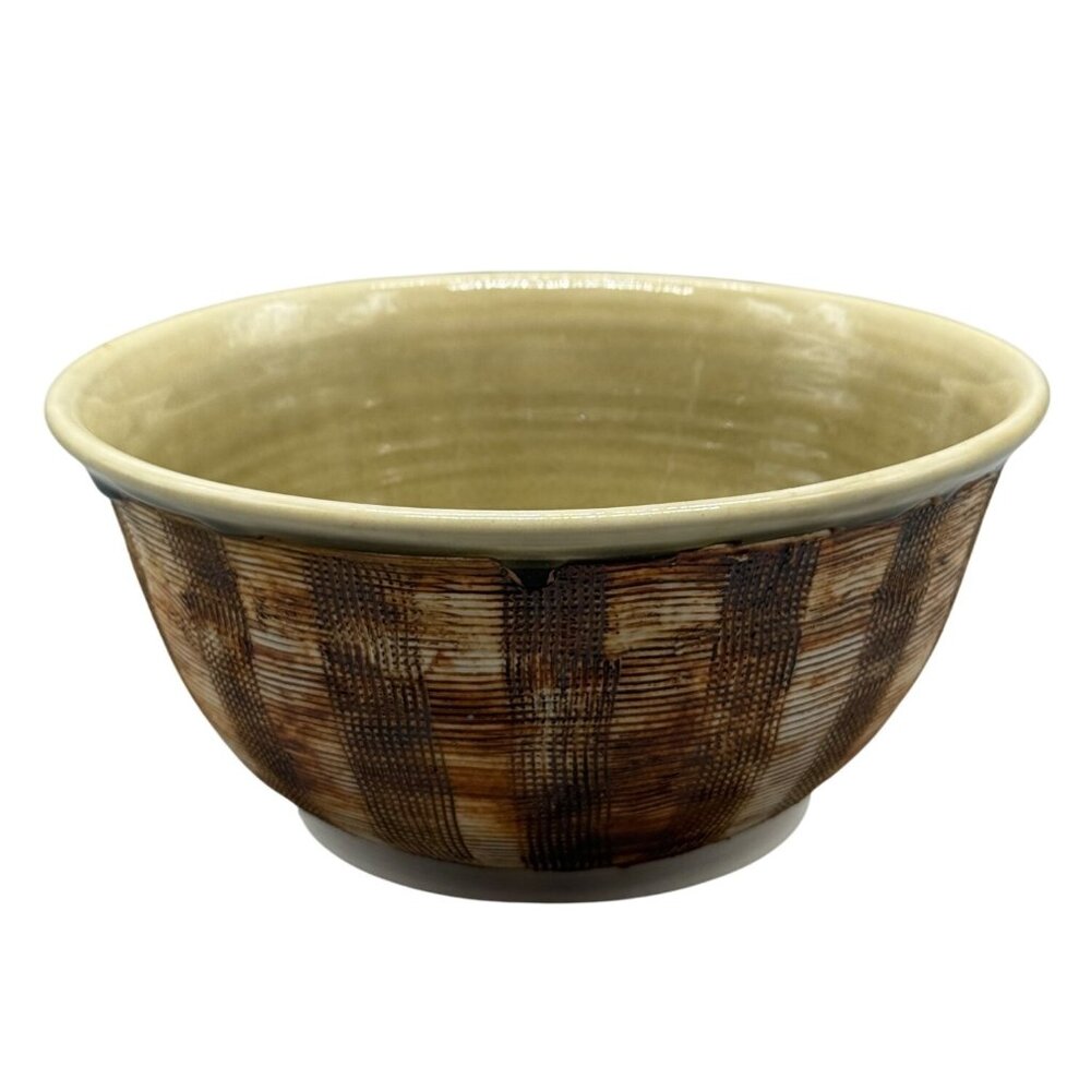 Vintage 1975 Ceramic Bowl With Textured Brown Beige Pattern signed artist READ